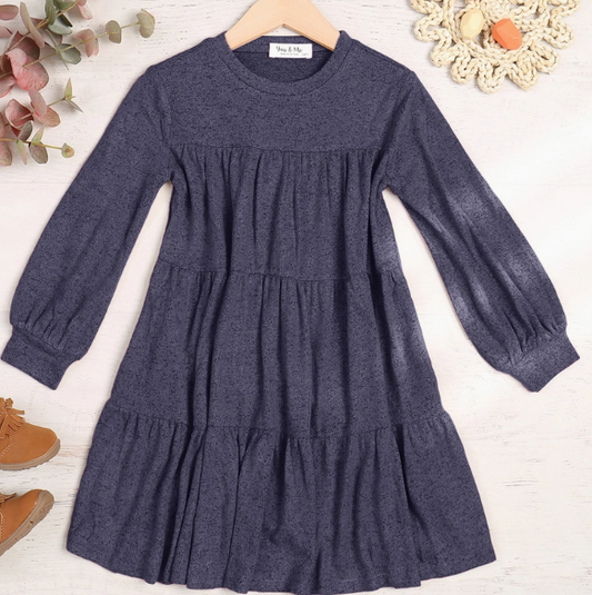 Puff Long Sleeve Tiered Hacci Brushed Dress