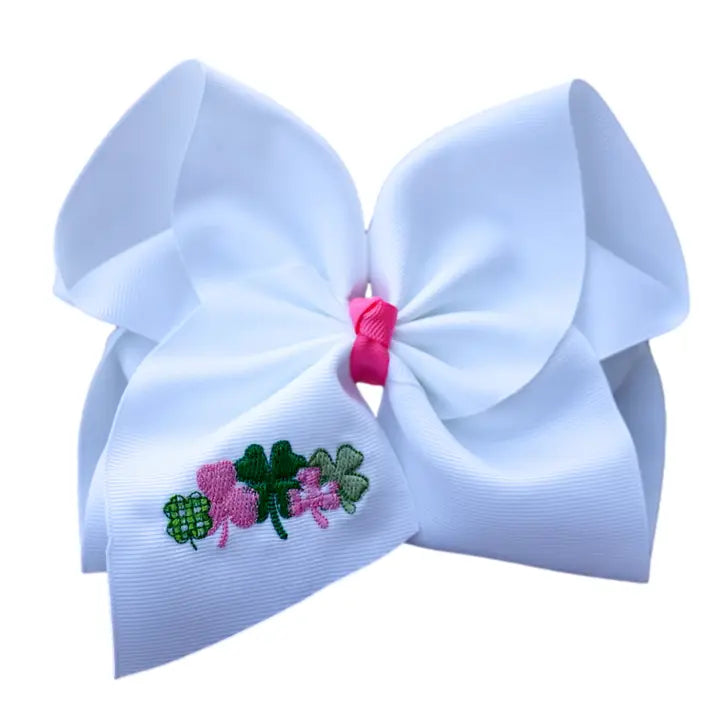 Pink and Green Clovers Embroidered Hair Bow