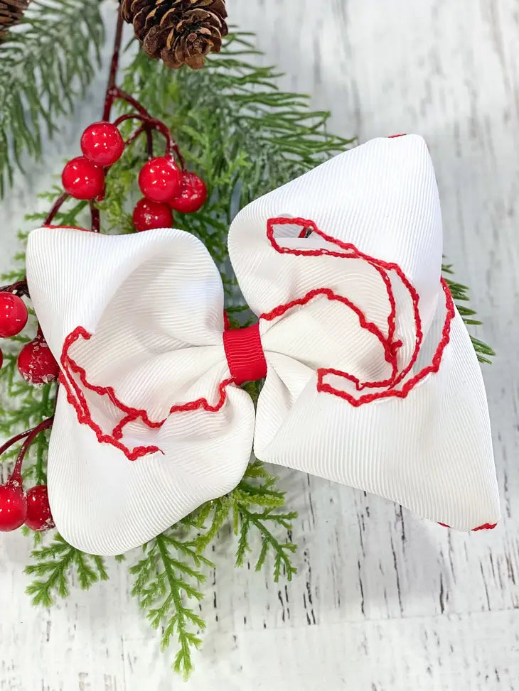 White with Red Moonstitch Hair Bow