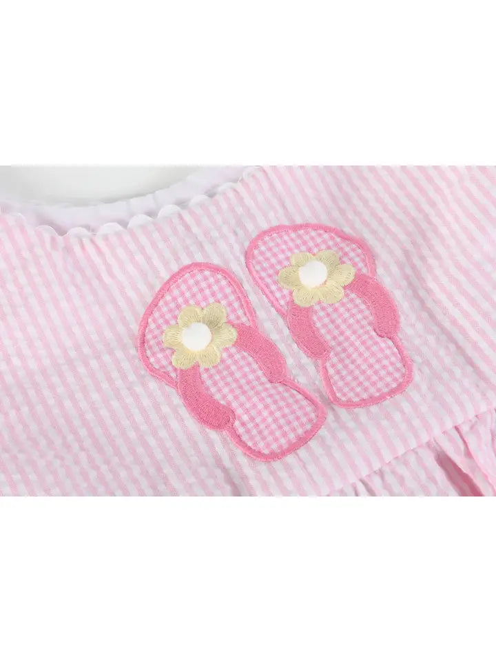 Pink Seersucker Pom Pom Flipflops Dress (Lil Cactus)