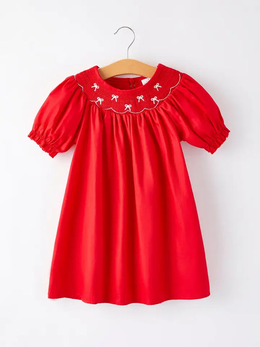 Bow Smocking Embroidered Red Dress