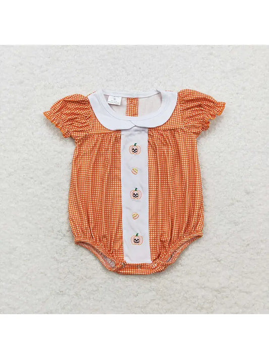 Orange Checkered Pumpkin Short Sleeve Romper