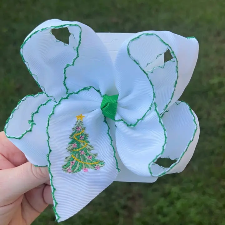 Bow Christmas Tree Embroidered Hair Bow