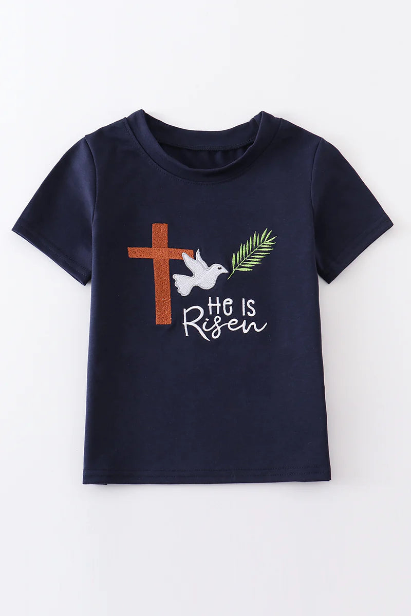 Navy He is Risen Embroidery Boy Top