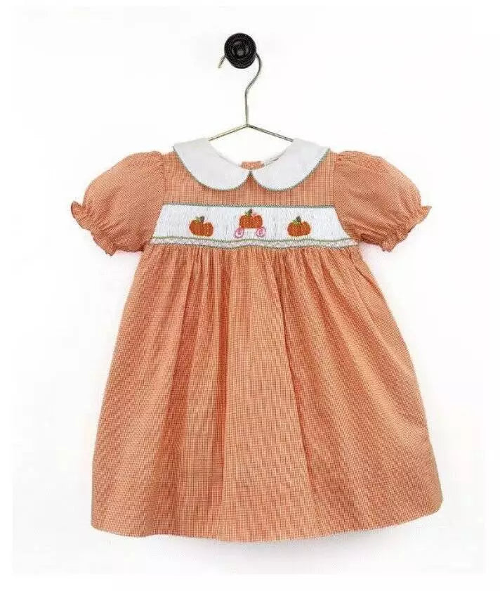 Pumpkin Carriage Orange Gingham Smocked Dress (Petit Ami)