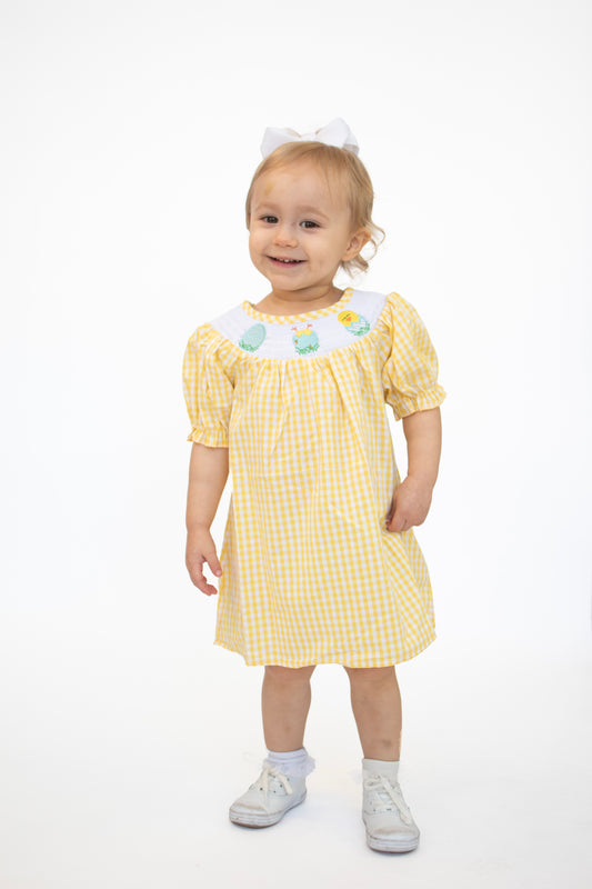 Yellow Plaid Chicken Smocked Dress