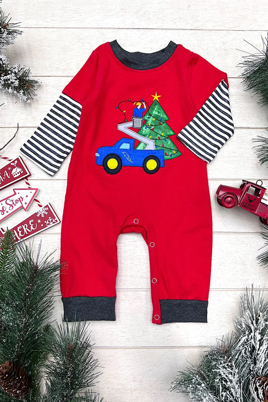 SETTING UP THE CHRISTMAS TREE APPLIQUE BABY ROMPER FOR BOYS