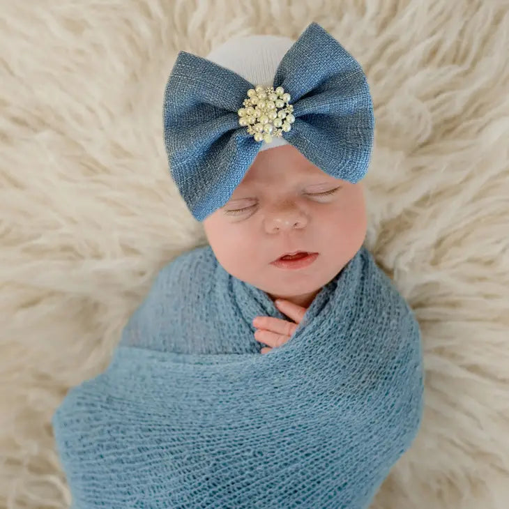 Chambray and Pearl Bow Baby Newborn Girl Hospital Baby